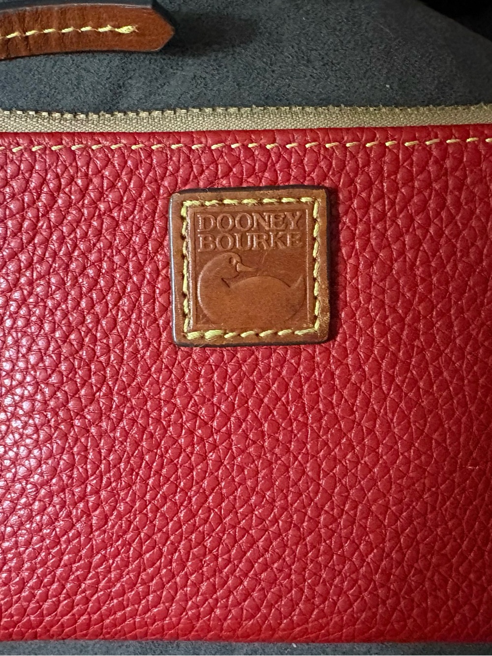 Dooney & Bourke Red Pebbled Leather Shoulder Bag with Brown Trim